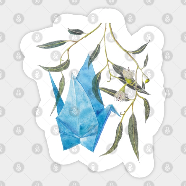 Blue origami paper crane & eucalyptus branch Sticker by ZoyaArt